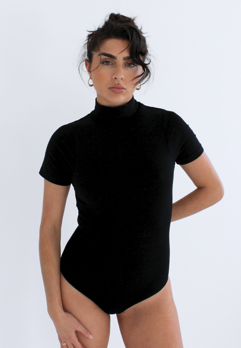 black organic cotton short sleeve turtleneck bodysuit