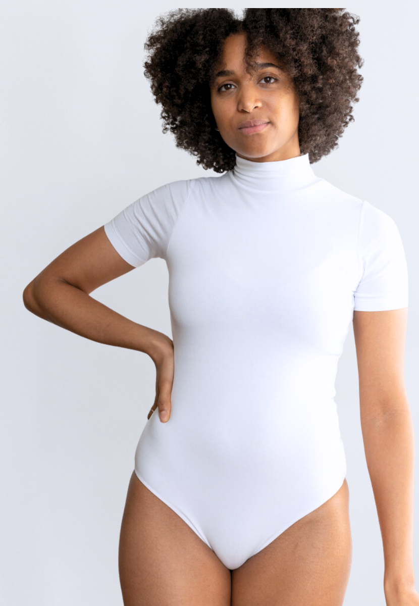 white organic cotton turtleneck bodysuit