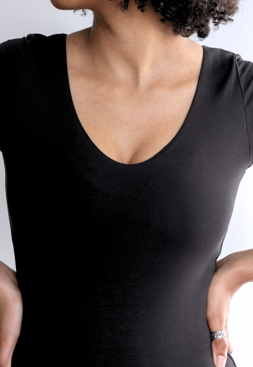 black organic cotton v-neck bodysuit